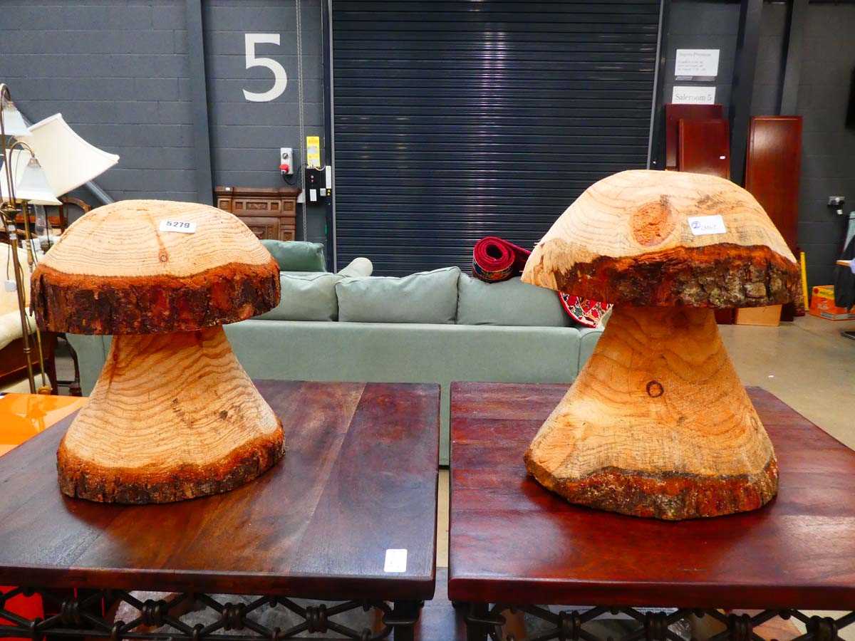 (2) 2 turned wooden mushroom shaped features
