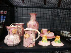 Cage containing Masons floral patterned crockery plus candle sticks and tea cup set