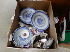 Box containing Chinese export crockery and hip flasks