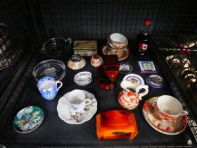 Cage containing export crockery plus cups and saucers, glass dishes and an oynx box