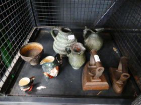 Cage of pottery jugs, 2 Tobu jugs, Chinese dragon patterned vase and 2 flat irons