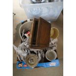 (6) Box containing coffee cups, slipper bed pan and a wooden box