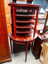 Side table with 4 shelves under plus a reproduction mahogany demi-lune console table