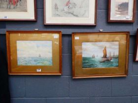 2 x nautical paintings with fishing and sailing boats at sea