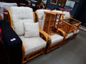4 conservatory bent cane armchairs with cushions plus a coffe table and footstool