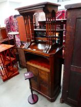 Cabinet with carved panels, reproduction nest of 3 tables, plus a plant stand