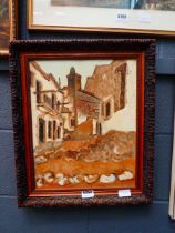 Oil on canvas - village scene with lane and buildings