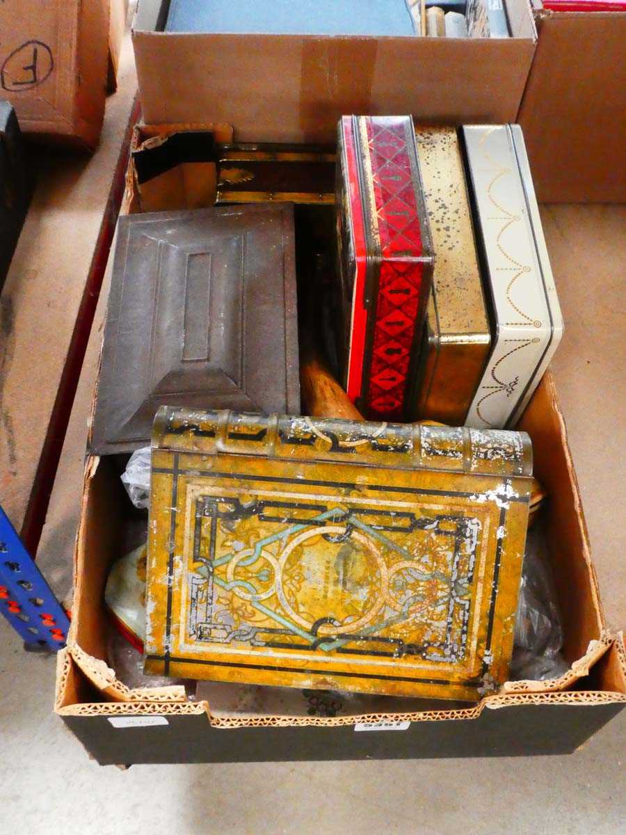 Box containing loose cutlery and vintage tins