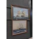 Print and a watercolour - battleships and sailing boat at sea