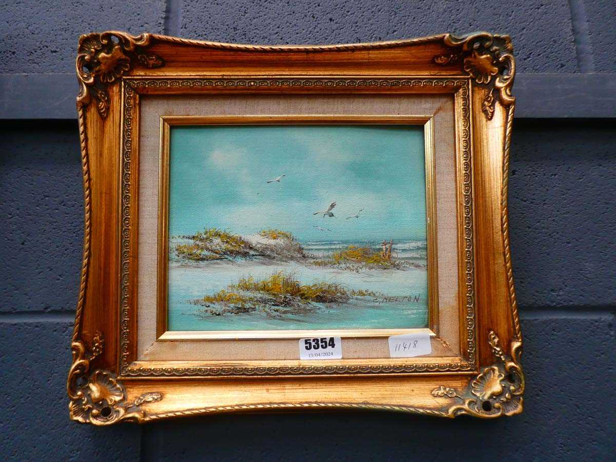Oil on board, sand dunes with gulls