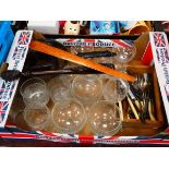 Box of loose cutlery, wine glasses plus treen and a pan