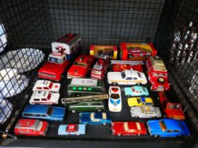 Cage containing loose Diecast ambulances, trains and fire trucks