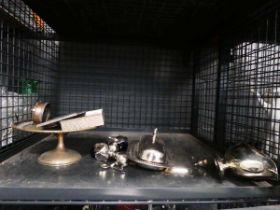 Cage containing silver and silver plate to include part ring box, cigerette case, bon bon dish, plus