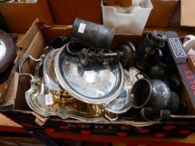 Box containing pewterware and silver plated trays