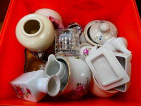 Box containing rose patterned china to include bowls, vases and other jugs