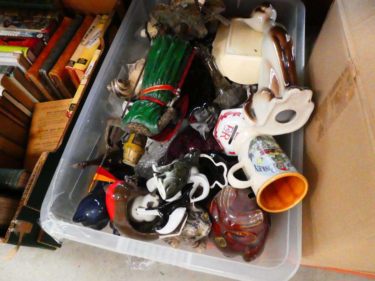 3 boxes containing money boxes, floral patterned china, ornamental figures and household goods, - Image 4 of 4