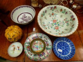 Collection of chinese dishes and bowls plus a pumpkin shaped pot All pieces in overall fair