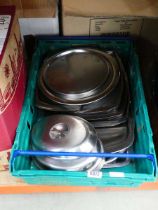 2 boxes containing stainless steel trays and dishes