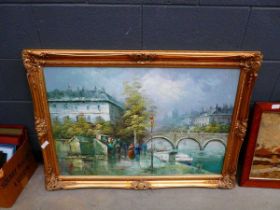 Parisian oil on canvas, figures by the Seine