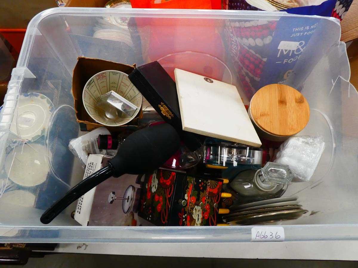 Box of household goods inc. quartz clock, jewellery box, toast rack, general crockery and china