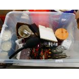 Box of household goods inc. quartz clock, jewellery box, toast rack, general crockery and china