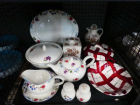 Cage containing floral patterned crockery to include gravy boat, teapot, lidded tureen plus a jug