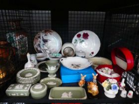 Cage containing Jasperware, ornamental posies, bunny figures, plus collectors plates and china