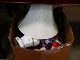 Box of lamps and a shade, ornamental figures, serving trays and household china