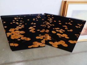 Modern carved Chinese triptych with waterlilies and goldfish