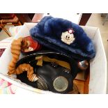 Box containing a Russian military cap, gas masks, and a tin helmet