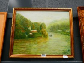 Oil on board - River with Fisherman in boat