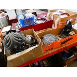 2 boxes containing mythical figures, table lamps, quartz clock and skull shaped pot