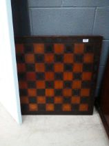 Large wooden chess board Approx. dimensions: 71.5cm x 71.5cm. Seems in generally okay condition;