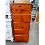 Narrow pine chst of 5 drawers