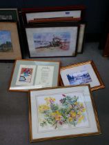 Quantity of prints to include highland river, the harvest, still life with flowers, tawny owl and