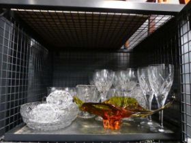 Cage containing wine glasses, centrepiece, fruit bowl, candlesticks, and a jug