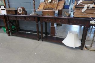 pair of reproduction mahogany 3 drawer console tables with shelf under
