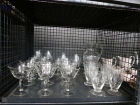 Cage containing lemonade jug plus 5 tumblers, plus Martini and wine glasses