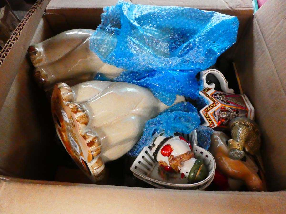 3 boxes containing money boxes, floral patterned china, ornamental figures and household goods, - Image 3 of 4