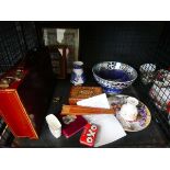 Cage of vintage oxo tin, Royal Minton and other china plus multi panelled silk floral pictures,