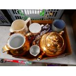 Box of lustreware, Sadler jug and commemorative ware