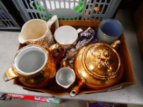 Box of lustreware, Sadler jug and commemorative ware