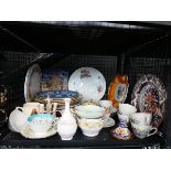 Cage containing Jasperware plus floral patterned dinner plates, cups and saucers, commemorative ware