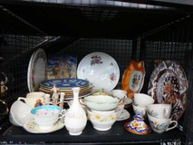 Cage containing Jasperware plus floral patterned dinner plates, cups and saucers, commemorative ware