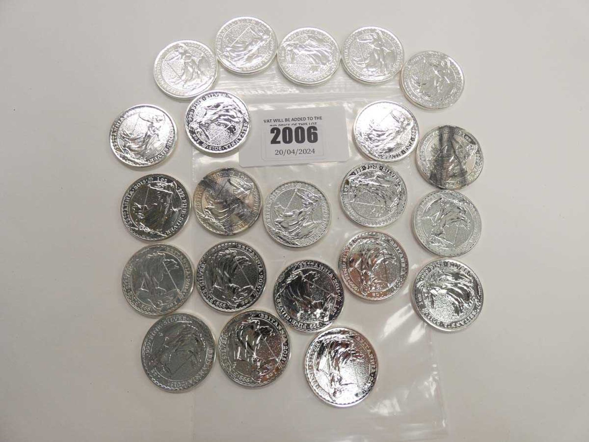 +VAT 22x 1oz Silver Britannia coins, mixed dates