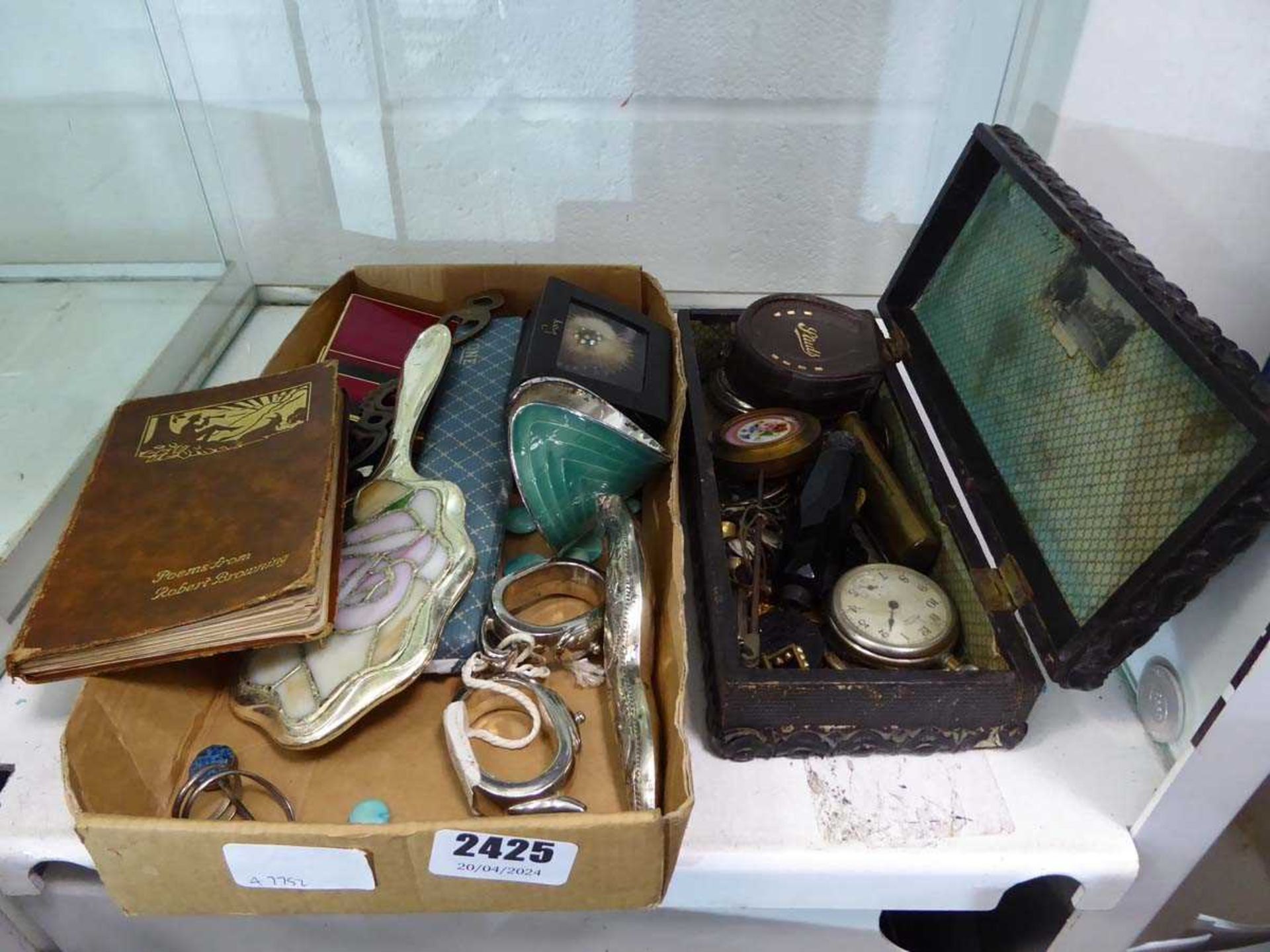 2 x trays containing various items of jewellery, pocket watches, Robert Browning poems and other