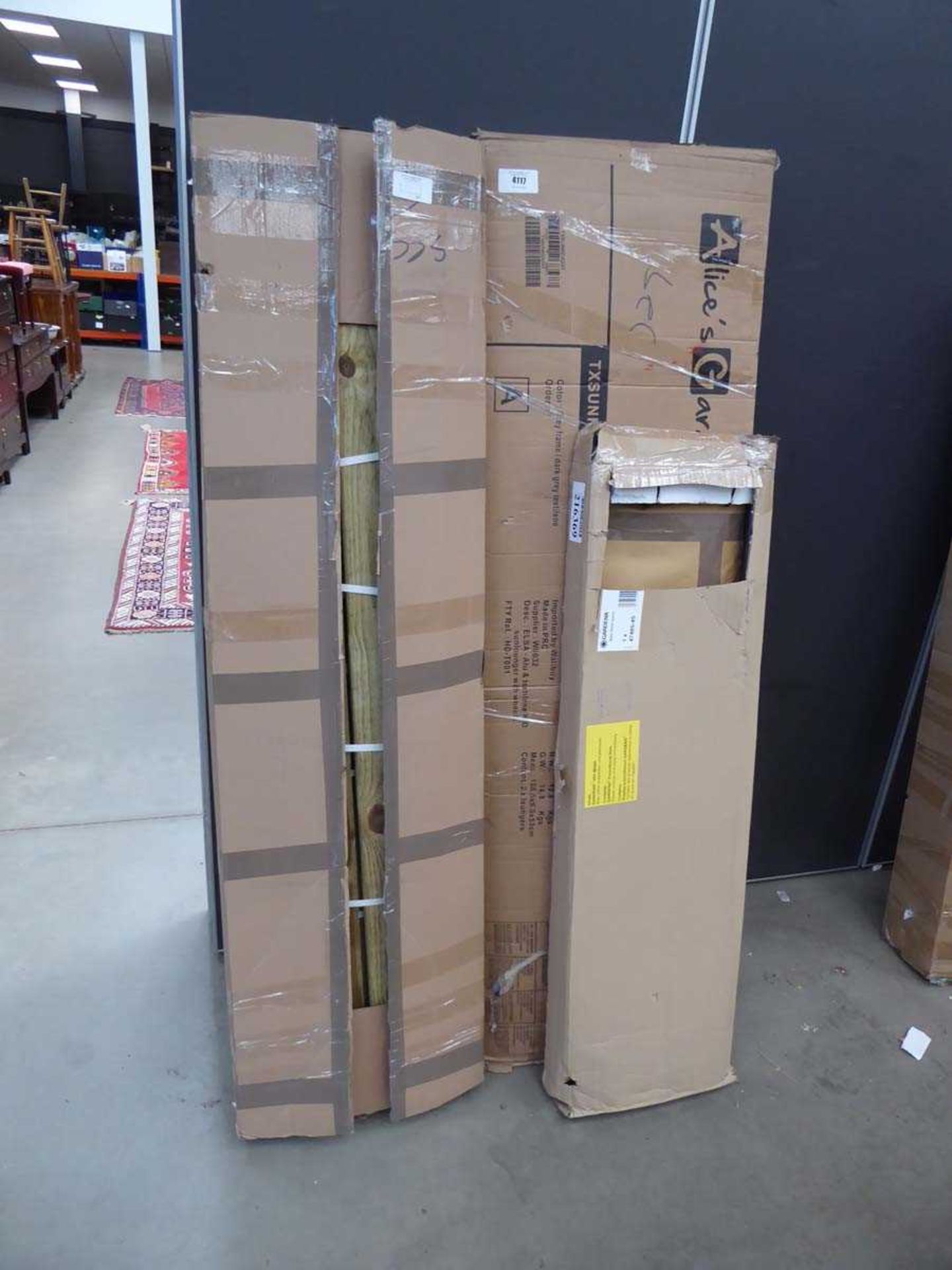 +VAT Quantity of flatpack units inc. wooden parts, metal parts, and box with lounger