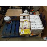 +VAT Pallet of assorted chemicals including spray foam, paint, animal marker and box of neoprene