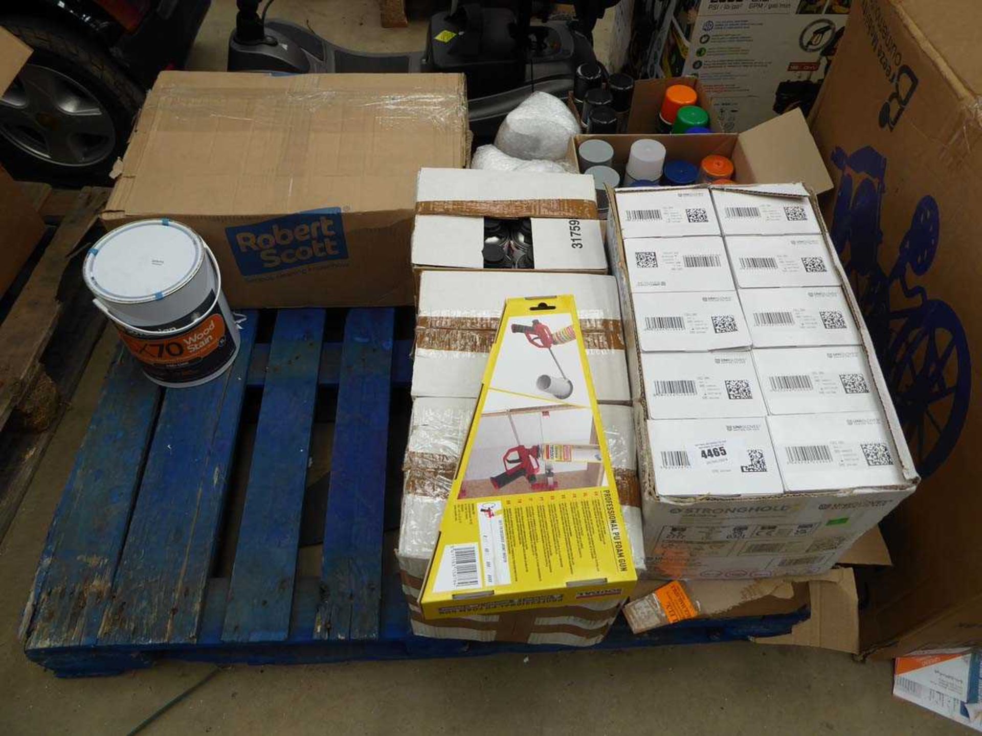 +VAT Pallet of assorted chemicals including spray foam, paint, animal marker and box of neoprene
