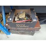 2 wooden carpenters boxes and cardboard box of assorted tools